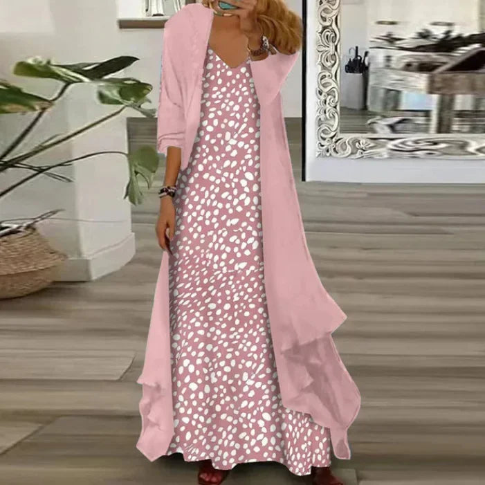 New 2025 Women's Floral Print Dress Two-Piece Set Inner Wear Polyester Fiber Short Sleeve Ankle-Length Regular Waistline