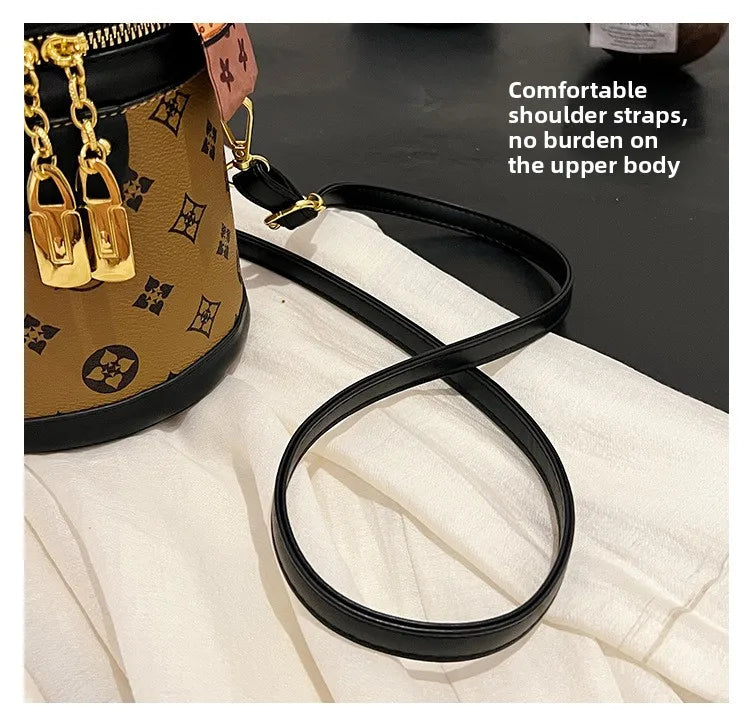 Stylish Printed Bucket Bag with Scarf Detachable Strap Shoulder Crossbody Bag for Women