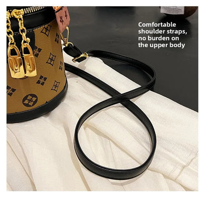 Stylish Printed Bucket Bag with Scarf Detachable Strap Shoulder Crossbody Bag for Women