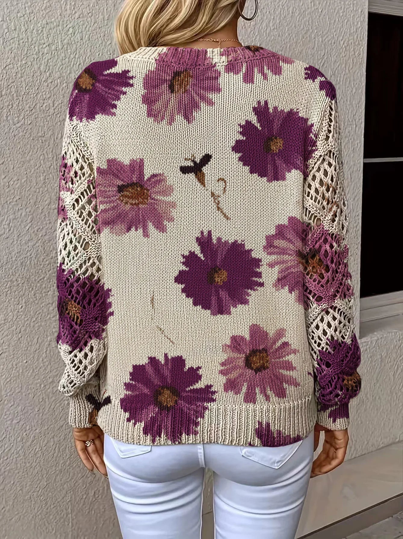 V-neck Fashionable Floral Print Cutout Sleeves Bohemian Pullover Sweater Ropa De Invierno Para Mujer Abbigliamento Donna Autunno
