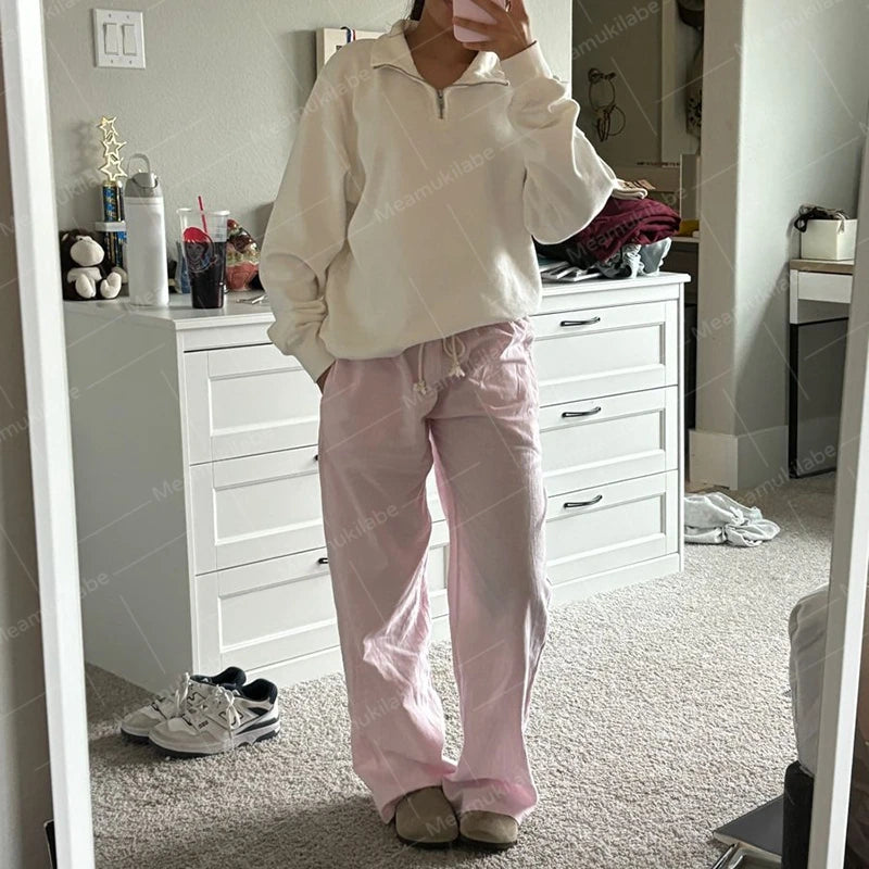 Y2K Vintage Striped Loose Pants Comfy Loung Pants Streetwear Casual Tie Up Waist Wide Leg Trousers Women Pajamas Sleepwear