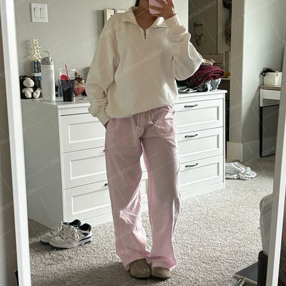 Y2K Vintage Striped Loose Pants Comfy Loung Pants Streetwear Casual Tie Up Waist Wide Leg Trousers Women Pajamas Sleepwear