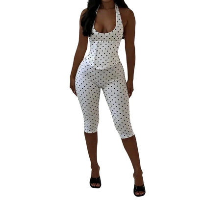FAGADOER Sexy Polka Dot Print Bodycon Jumpsuits Woman Halter Deep V-neck Backless Rompers Female Streetwear Overalls 2026 New