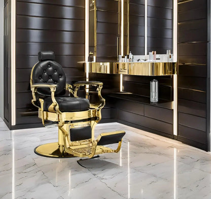 Reclining Barber Chair Heavy Duty Salon Chair Wide Seat Gold & Black for Barber Station with Footrest, Customized