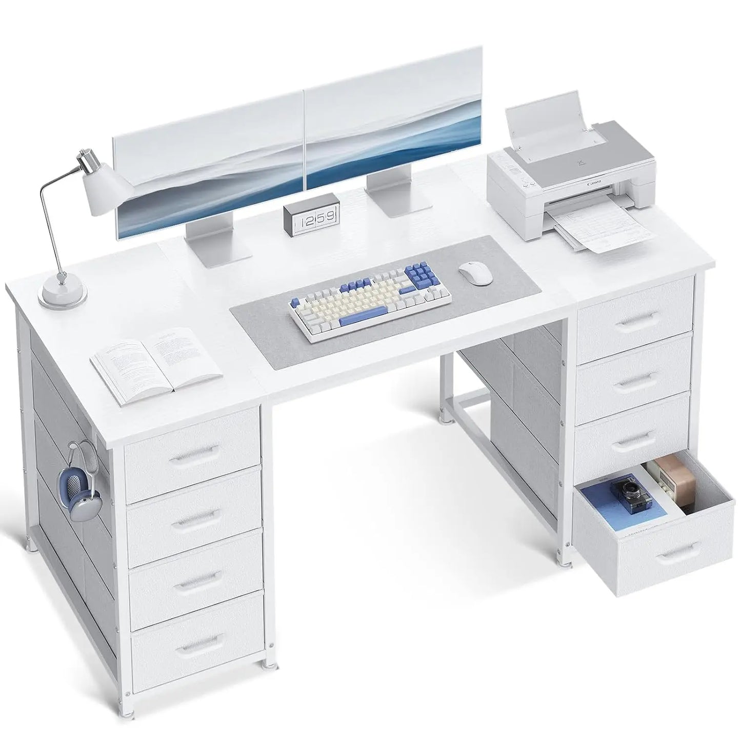 48 Inch White Computer Desk with 8 Fabric Drawers, Modern Office Desk with Large Storage for Home Office, Study,, Customized