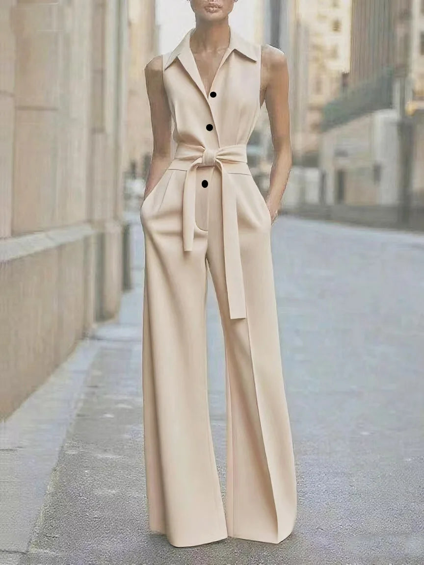 Sleeveless Lapel Jumpsuit Women's Fashion Button Down Shirt Collar Solid Color Wide Leg Commuting Office With Pocket Jumpsuit
