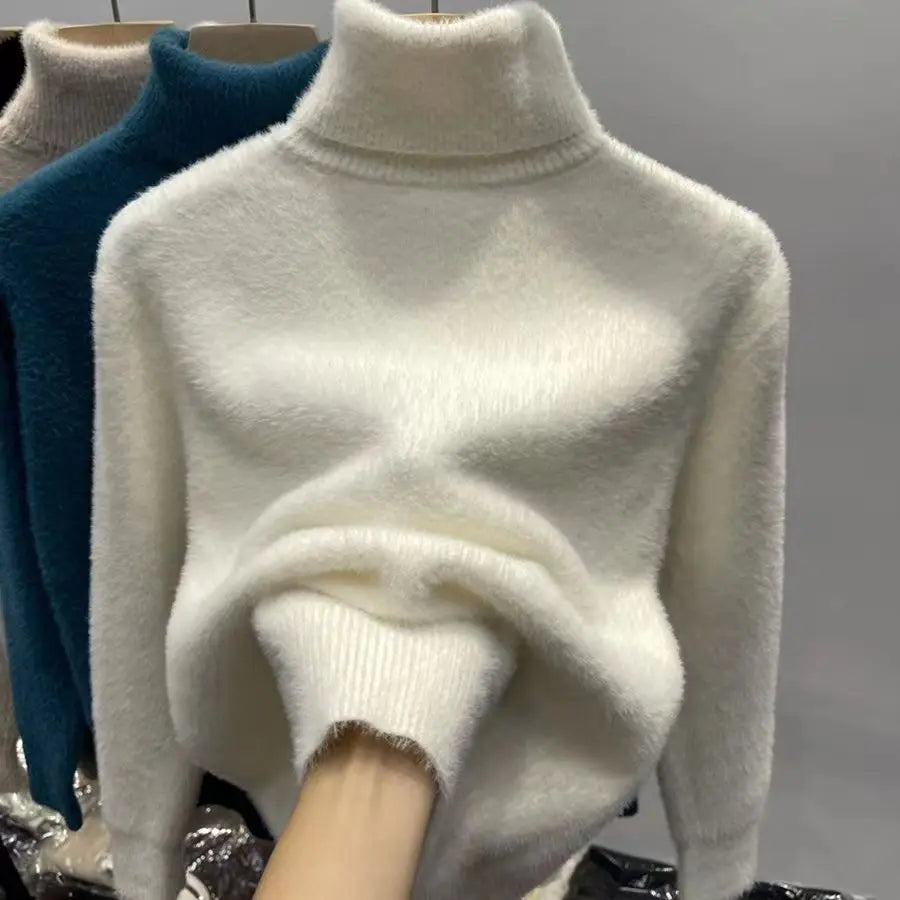 Women's Turtleneck Sweater Faux Mink Top for Women Solid Plush Thickened Warm Bottoming Shirts Basic Knitwear Thermal Pullovers
