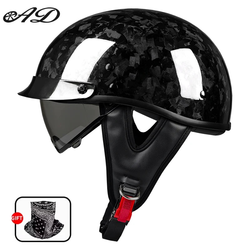    Best Seller Carbon Fiber Retro Motorcycle Half Face Helmet with Comfortable Lining Protective Goggles Helmet Factory Wholesale