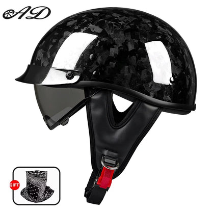    Best Seller Carbon Fiber Retro Motorcycle Half Face Helmet with Comfortable Lining Protective Goggles Helmet Factory Wholesale