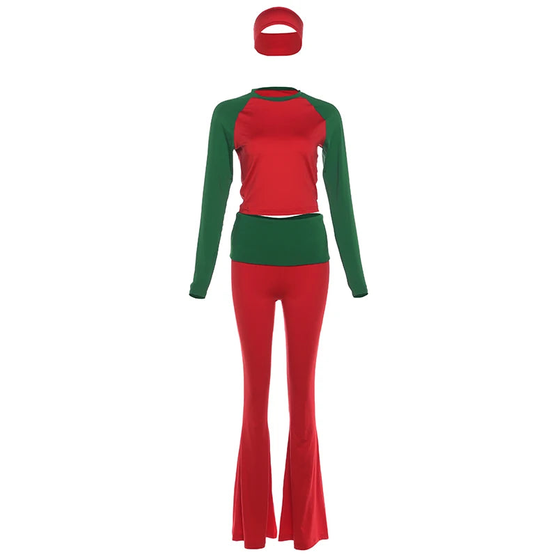 Nibber Christmas Party 2Piece Set Woman Contrast Patchwork o-Neck Full Sleeve Crop Tops+High Waist Long Pant Casual Fashion Suit