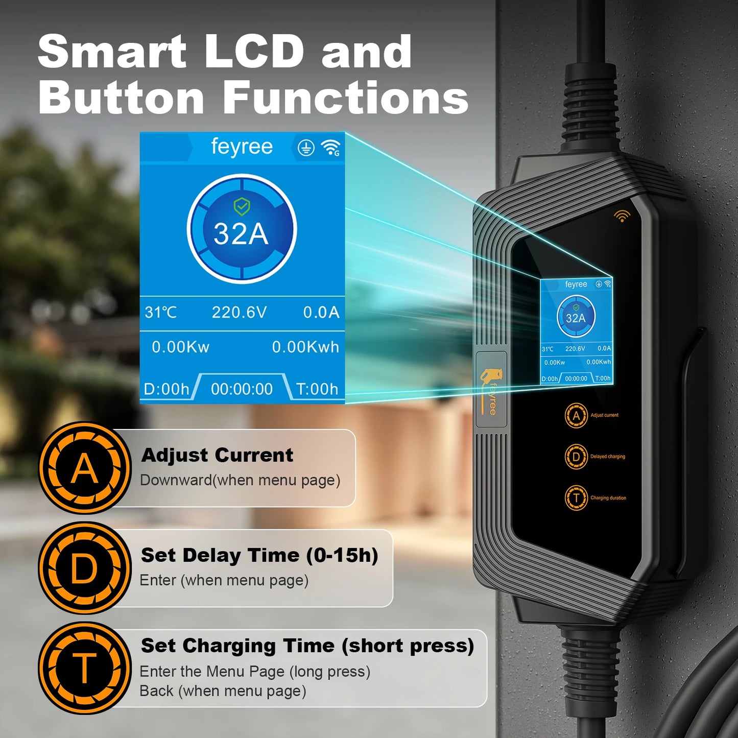 feyree Type1 7KW 32A 1Phase Portable EV Charger J1772 Socket with 5m Cable Smart APP WIFI Control Version for Electric Vehicle