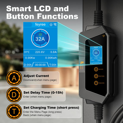 feyree Type1 7KW 32A 1Phase Portable EV Charger J1772 Socket with 5m Cable Smart APP WIFI Control Version for Electric Vehicle