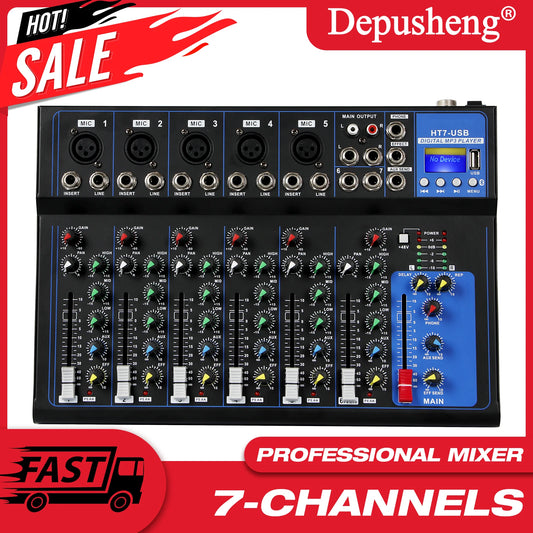 Professional Audio Mixer 7 Channel Portable USB Interface Playback DJ Mixing Console For Stage Performance