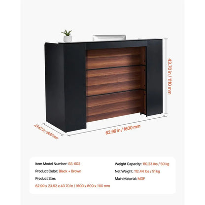 62 Rectangular Front Counter Desk with LED Light for Retail, Lobby, and Office Use, Black & Brown