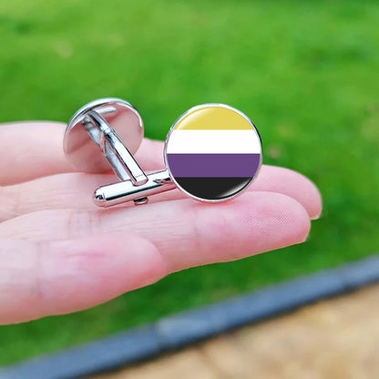 Lesbian Gay Pride Cufflinks for Fans LGBT Creative Rainbow Flag Glass Gem Charm Shirt Decoration Cuff Buttons