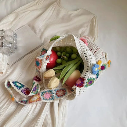 Fashion Large Capacity Women Shoulder Bag Floral Crochet Vintage Handbag Boho Hollow Out Knitted Crossbody Bags