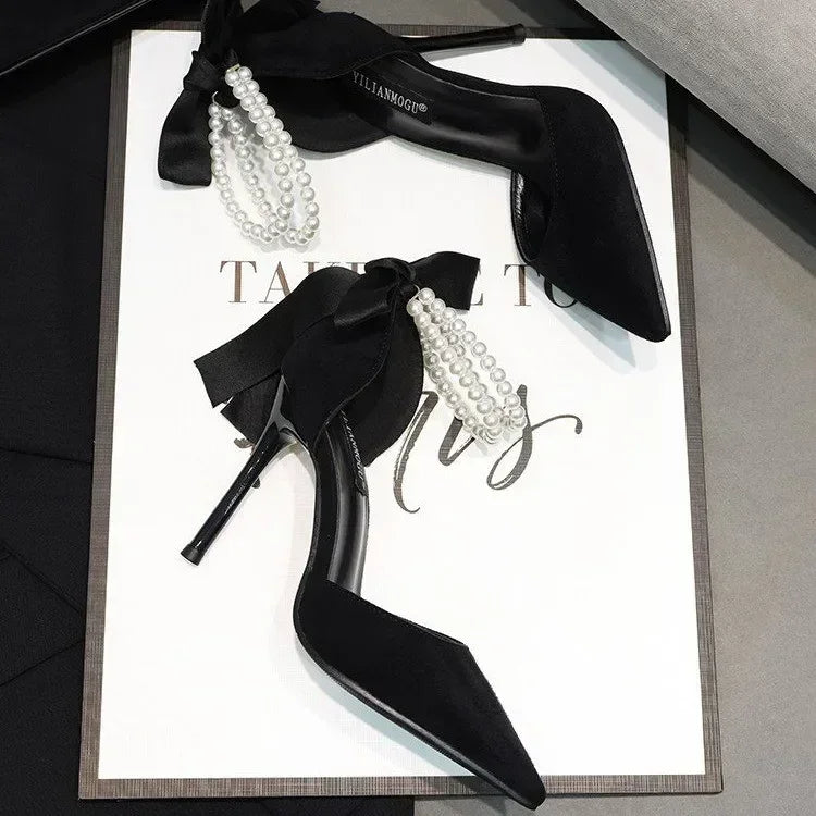Shoes for Women 2023 Brand Spring Women's Pumps Pointed Toe Solid Flock Beads Bow Tie Buckle Shallow Mouth Novelty High Heels