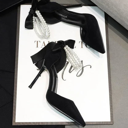 Shoes for Women 2023 Brand Spring Women's Pumps Pointed Toe Solid Flock Beads Bow Tie Buckle Shallow Mouth Novelty High Heels