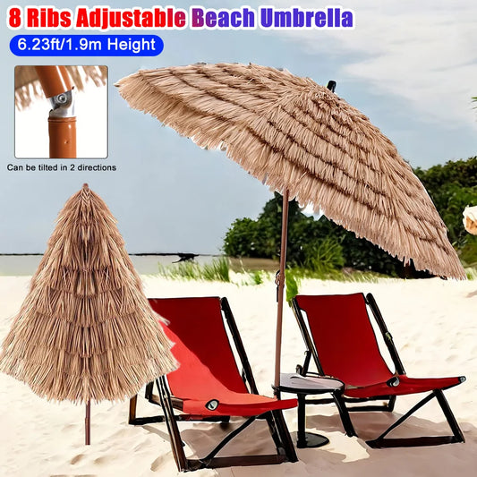 8-Rib Beach Umbrella 6.23ft/1.9m Height Adjustable Folding Patio Umbrellas Large Outdoor Thatched Tiki Umbrella For Garden Patio