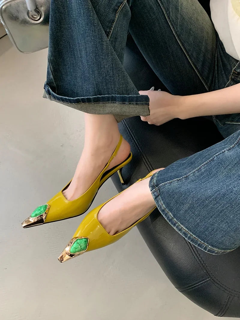 Fashion Design Inlay Gems Pointed Toe Patent Leather Sexy Slingback Sandals Women Pumps High Heels Wedding Banquet Shoes