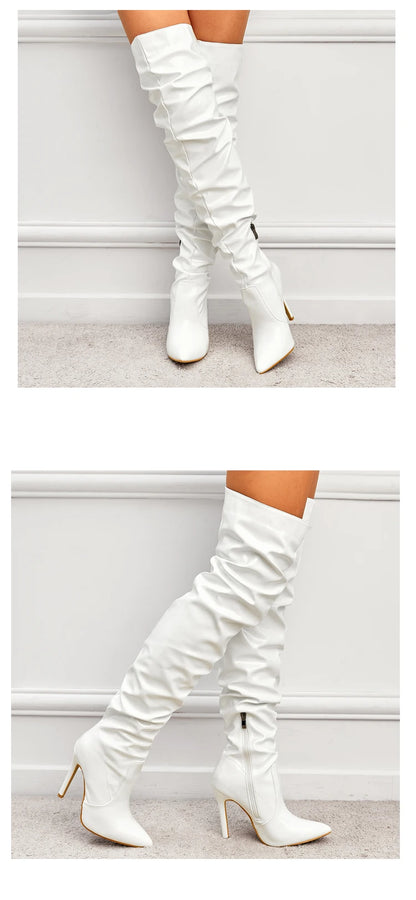 Eilyken Red Women Over The Knee Boots High Heels Patent Leather Solid Pointed Toe Stiletto Side Zipper Sapatos Femininos