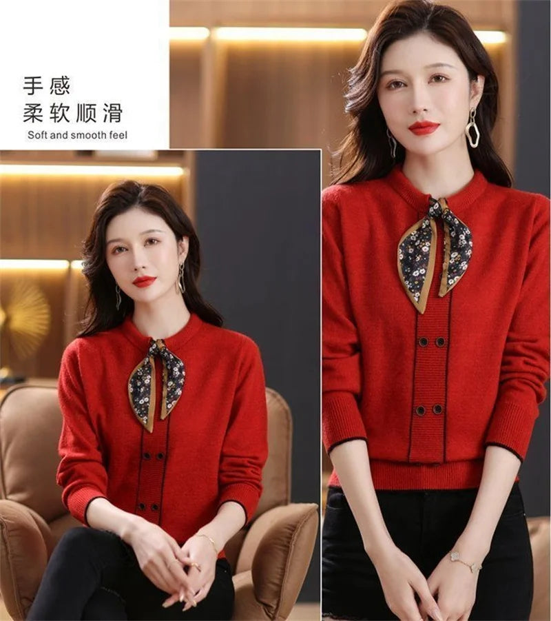 Korean Female Round Neck Pullover Knit 2025 Women Fashion Large Size 4XL Knitted Coat Autumn Ladies Tie Up Sweater Short Jacket