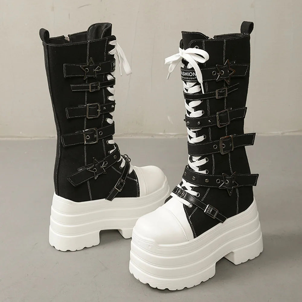 2026 Winter Punk Women Platform Knee High Boots Canvas Patchwork Lace-up Multi Metal Buckle Straps Chunky Heel Motorcycle Boots