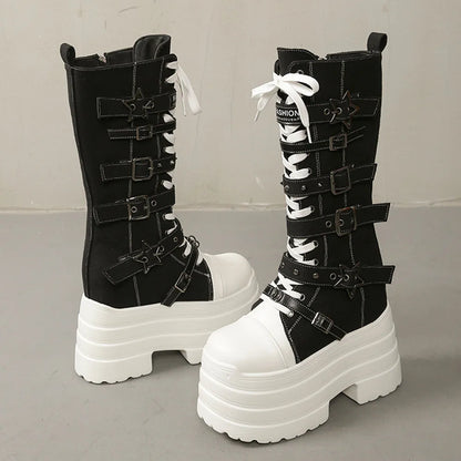 2026 Winter Punk Women Platform Knee High Boots Canvas Patchwork Lace-up Multi Metal Buckle Straps Chunky Heel Motorcycle Boots