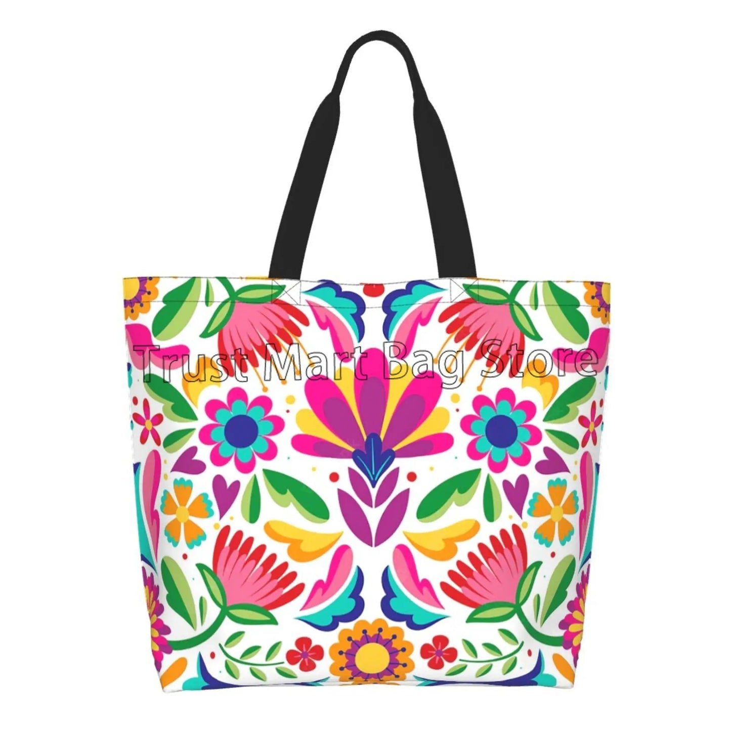 Mexican Ethnic Flowers Tote Bag Large Capacity Zipper Women Grocery Bags Purse Shopping Handbags Casual Travel Shoulder Bag