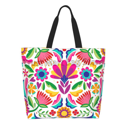 Mexican Ethnic Flowers Tote Bag Large Capacity Zipper Women Grocery Bags Purse Shopping Handbags Casual Travel Shoulder Bag