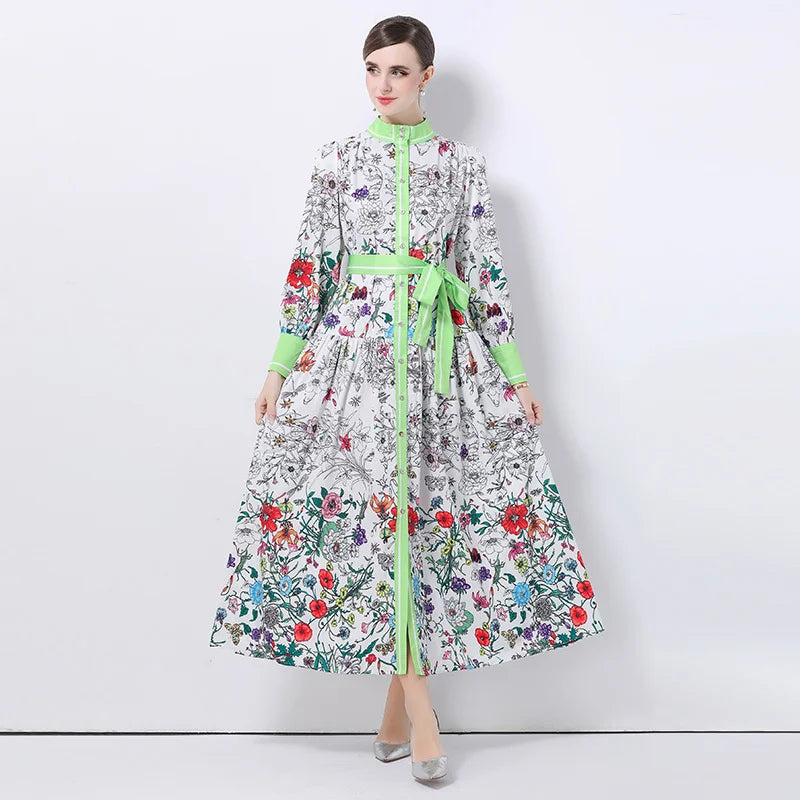 JAMERARY Runway Design Fashion Floral Print Elegant Summer Pleated Midi Long Dress Shirt Street Casual Lady Office Work Dresses