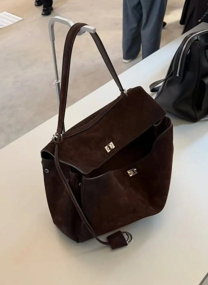 25 New Soft Suede Tote Bag Large Capacity Frosted Cowhide Lock Bag Women's Crossbody Shoulder Bag