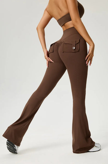 Women's Flared Pants Yoga Leggings Bell-bottoms Tight Elastic Breathable Sports Pants Back Waist Pockets Womens Clothing