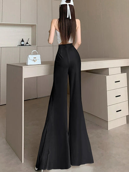 White mesh fishtail flared pants women summer thin design high waist hanging feeling elegant chiffon wide leg casual pants