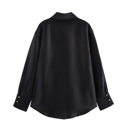 DUOPERI Women Fashion Satin Brown Blouse Lapel Neck Long Sleeves Vintage Female Chic Lady Shirts