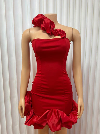 Womens Red Evening Dress Sexy One Shoulder Party Wear Strapless Red Dress Skinny Summer Ruffle Hem Dress Wholesale Dropshipping
