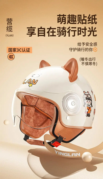 Winter Warm Women's Electric Car Helmet Four Seasons Motorcycle Safety Cap Full Face Helmet 3C Certified Abs Material