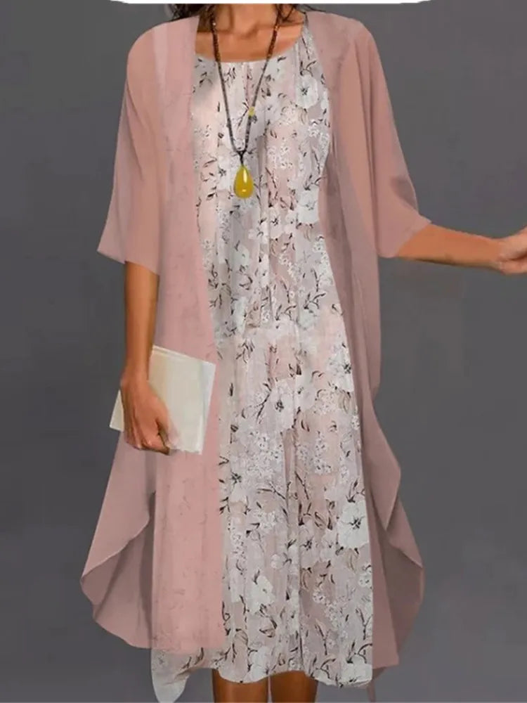 Fashion Women Chiffon Summer Sleeveless O-Neck Print Loose Party Dresses +Cardigan Shawl Elegant Casual Lady Two Piece Set Dress