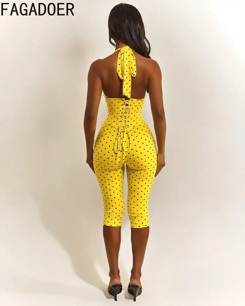FAGADOER Sexy Polka Dot Print Bodycon Jumpsuits Woman Halter Deep V-neck Backless Rompers Female Streetwear Overalls 2026 New