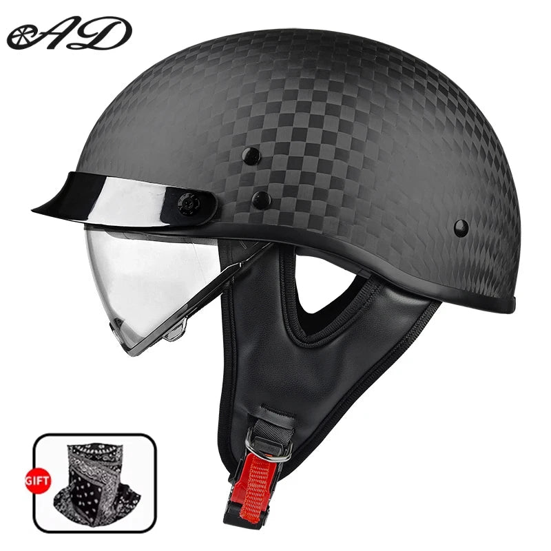    Best Seller Carbon Fiber Retro Motorcycle Half Face Helmet with Comfortable Lining Protective Goggles Helmet Factory Wholesale