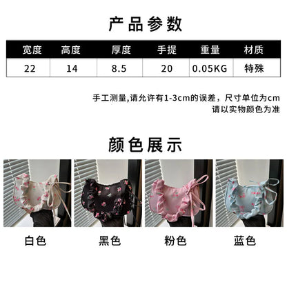 Gentle and Sweet Flower Canvas Bag for Women 2025 New Drawstring Shoulder Bag High Beauty Broken Flower Bow