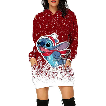 Christmas Disney Brand Stitch Cartoon Long Hoodie Autumn New Mini Sexy Long Sleeved Dress Korean Fashion Elegant Ladies Party