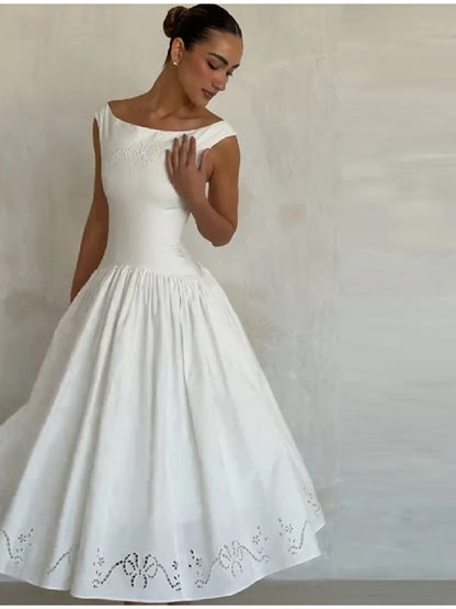 Minimalist White Boat Neck Midi Dress Women Elegant Cap Sleeve A-line Flare Eyelet Embroidery Vestido Wedding  Formal Party Gown