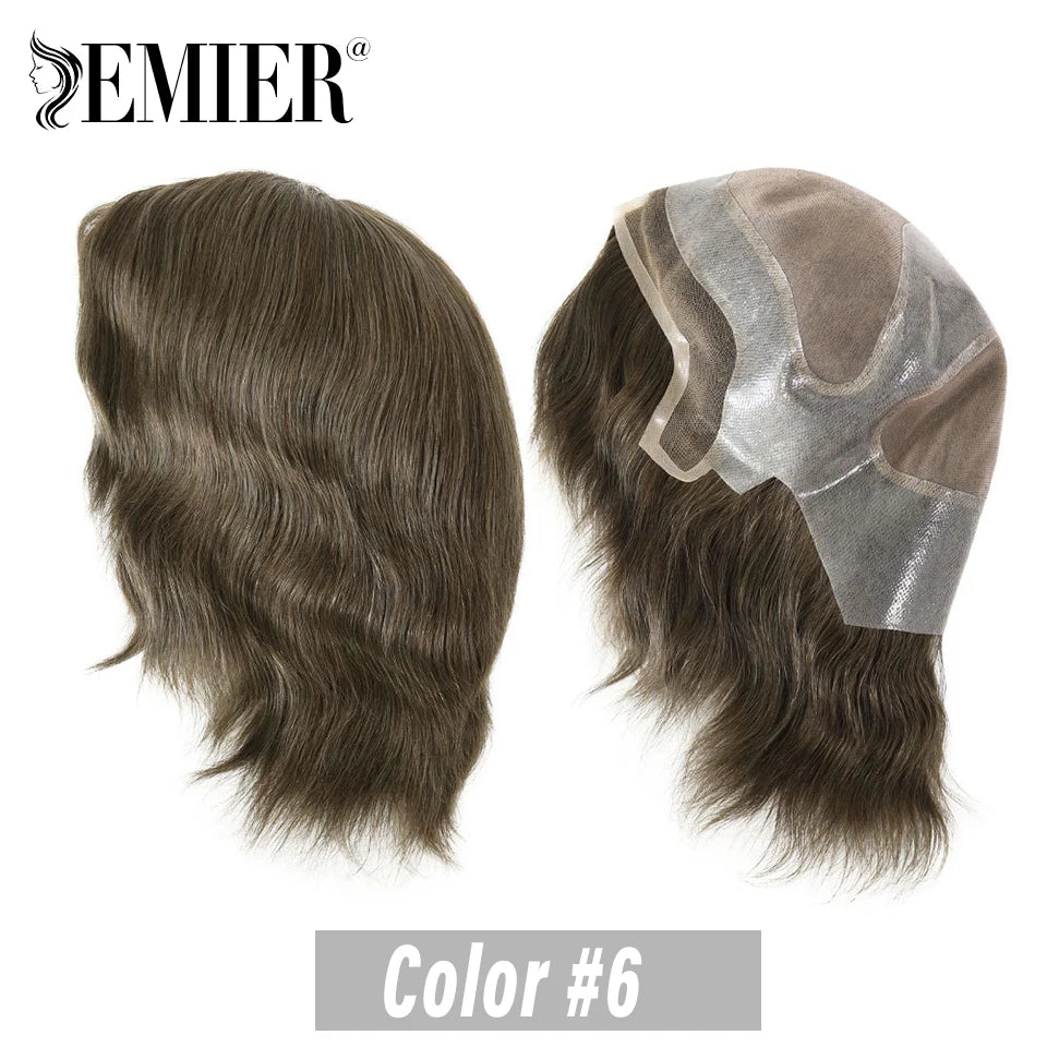 Full Head Wig For Men 6" Natural Straight Fine Mono With Pu Cap Men Wig 1/2" French Lace in Front Indian Human Hair Wig For Men