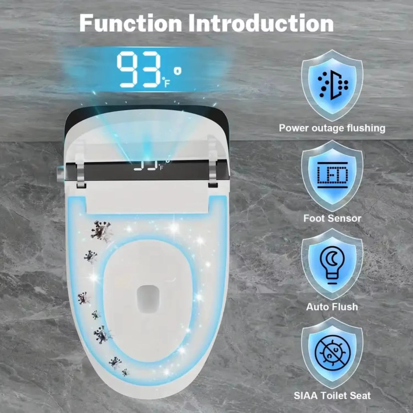 Smart Toilet Heated Seat Auto Flush & Soft-Close Lid Elongated One Piece Light