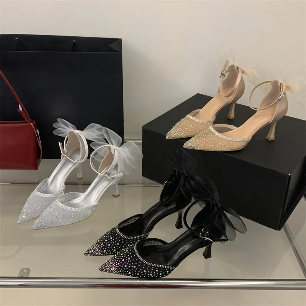 Eilyken Spring Sexy Crystal Mesh Bowknot Pumps Women Pointed Toe Buckle Strap Sandals Thin Heels Party Shoes Zapatos Mujer