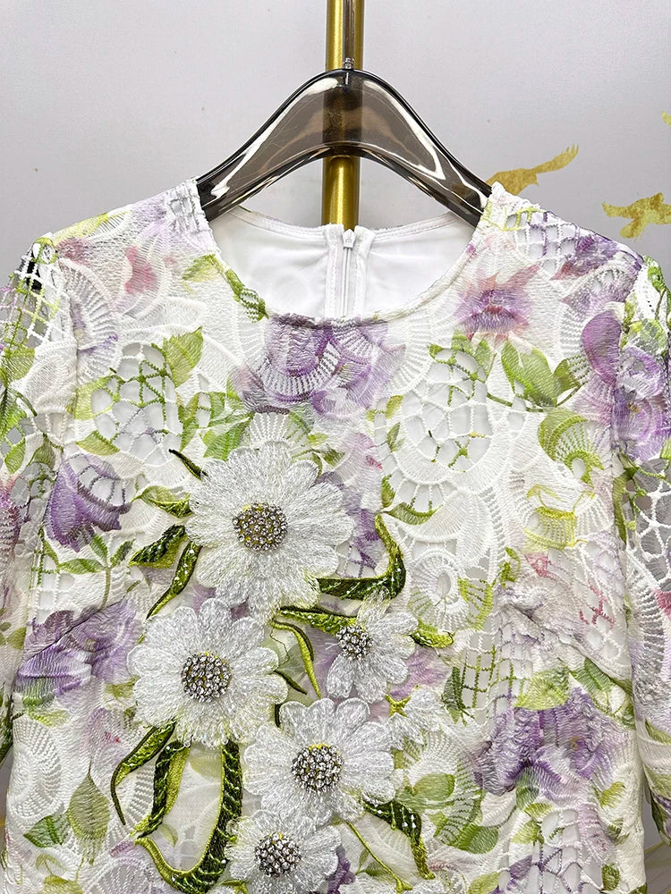 Womens Summer Hollow Embroidery Dress Short Sleeve Beaded Applique Lace Midi Dress Casual Elegant Chic Summer Party Wear