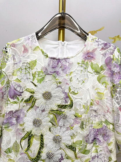 Womens Summer Hollow Embroidery Dress Short Sleeve Beaded Applique Lace Midi Dress Casual Elegant Chic Summer Party Wear
