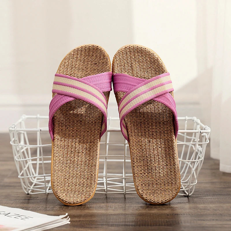 Summer Women's Slippers Home Flats Hemp Luxury Designer Woman Shoes Casual Indoor Slides Couple 2026 Soft Lightweight Large Size