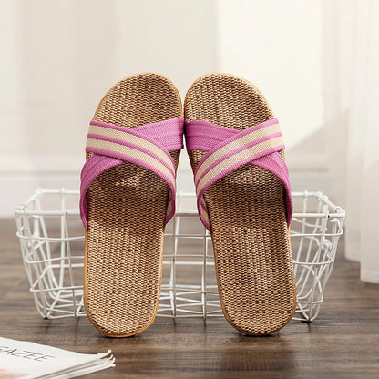 Summer Women's Slippers Home Flats Hemp Luxury Designer Woman Shoes Casual Indoor Slides Couple 2026 Soft Lightweight Large Size